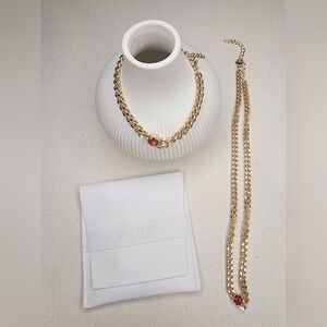 SLIDE 18k Gold Plated Stainless Steel Red Stone Necklace & Bracelet Set